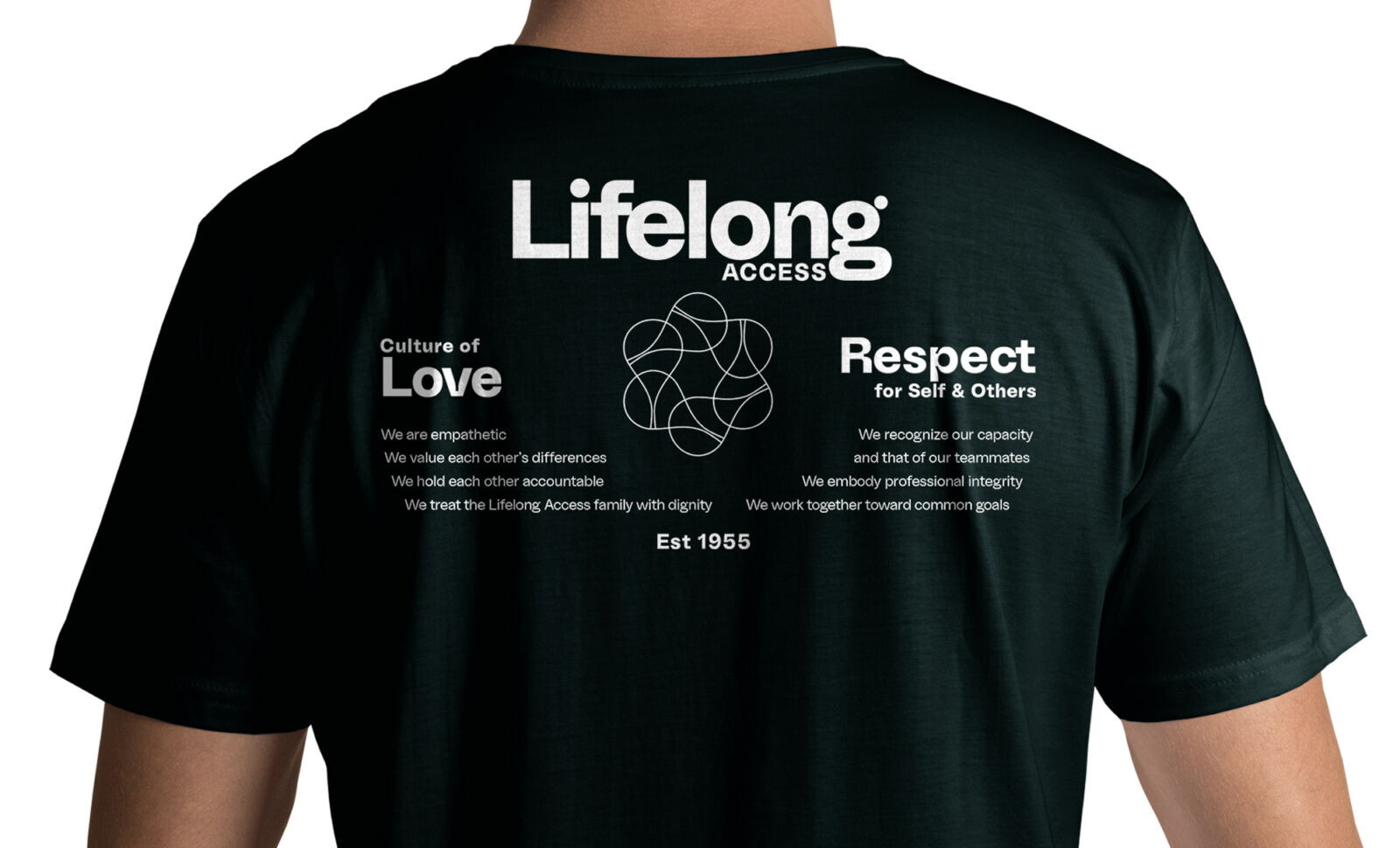 non-profit rebrand shirt with core values